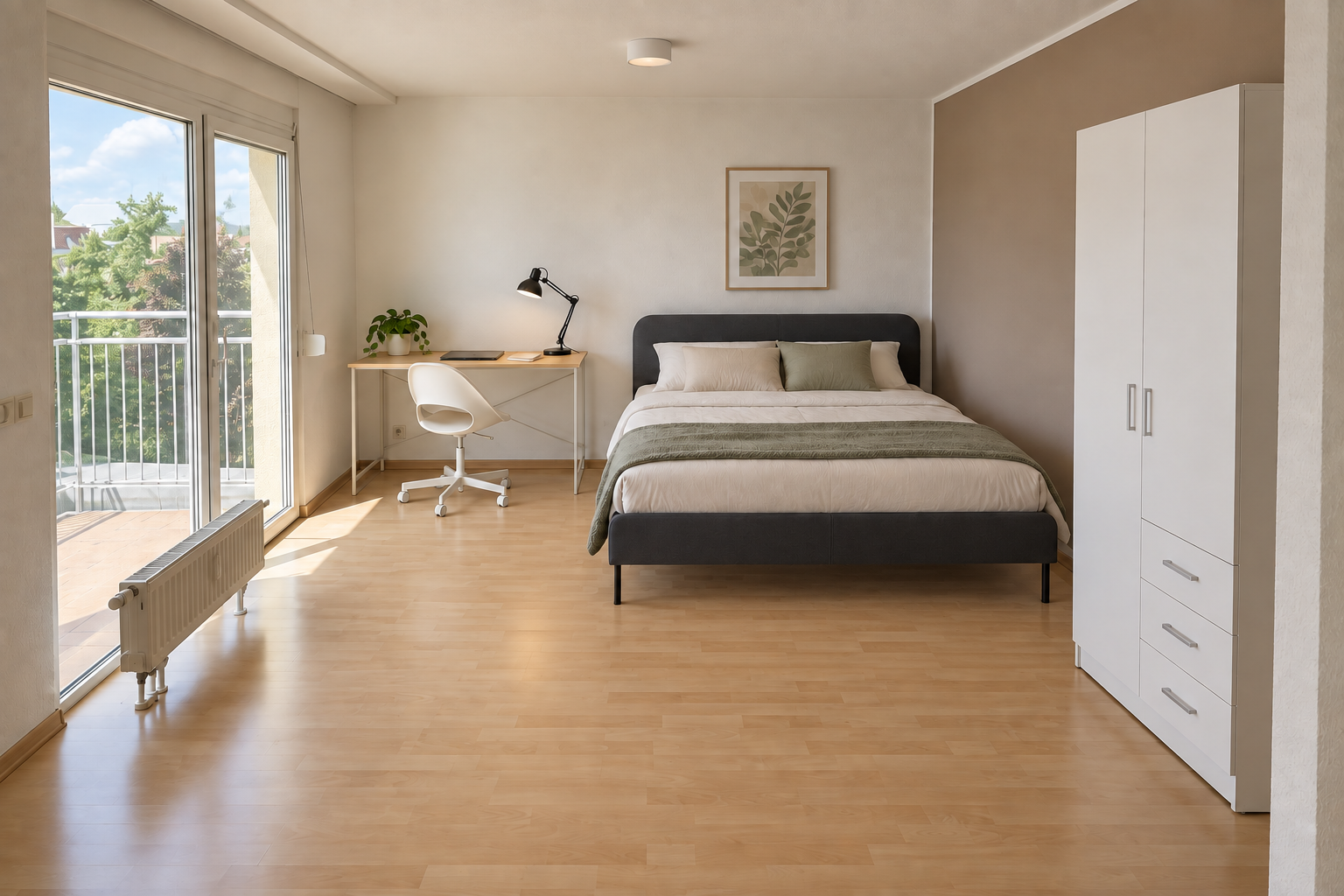 Helles Zimmer mit Doppelbett, Schreibtisch, weißem Kleiderschrank und Balkontüren