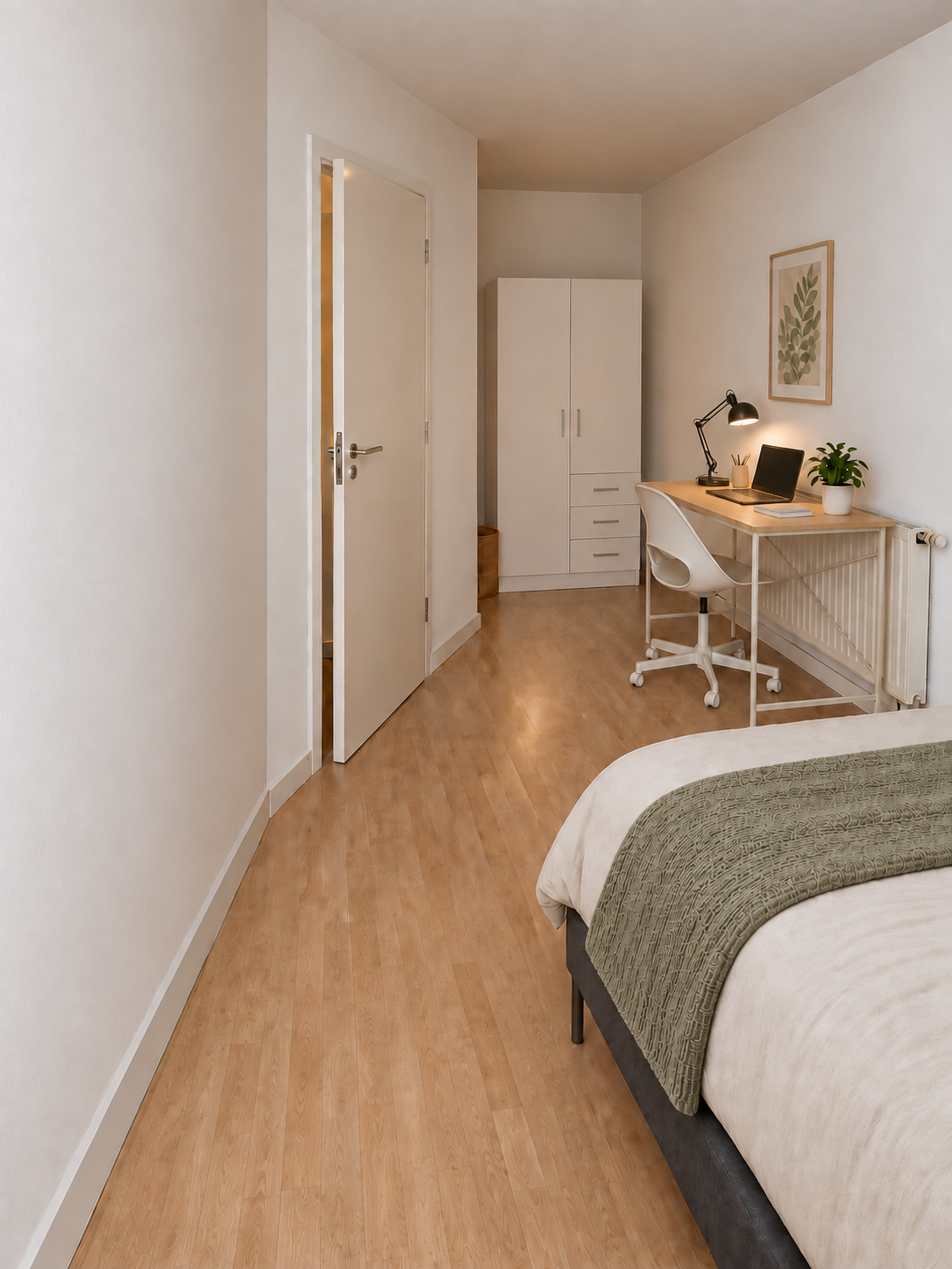 Blick vom Bett auf den Schreibtisch mit Stuhl und Lampe sowie einen weißen Kleiderschrank neben der Zimmertür