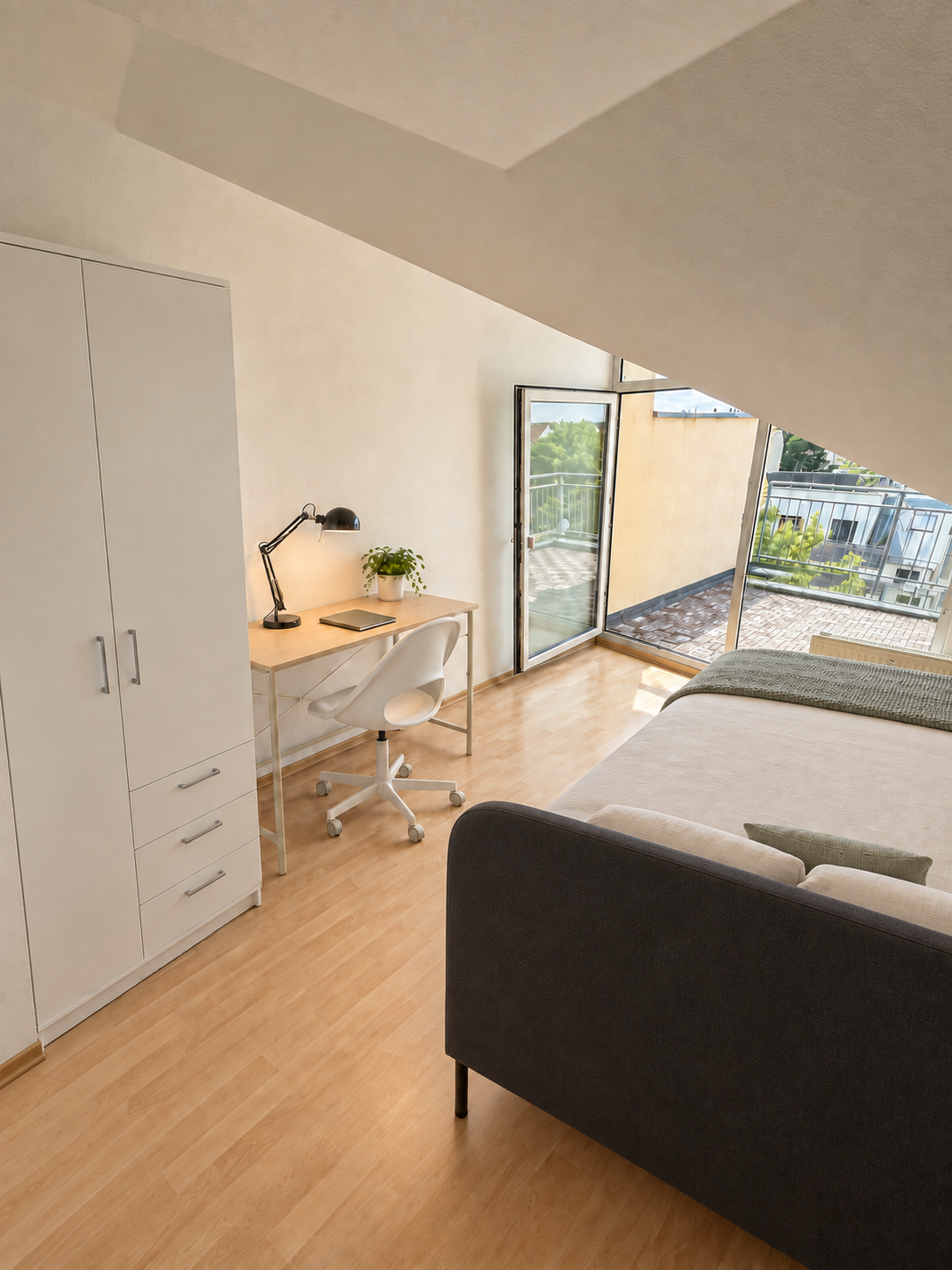 Möbliertes Zimmer mit Doppelbett, Schreibtisch, weißem Kleiderschrank und offenen Balkontüren unter der Dachschräge