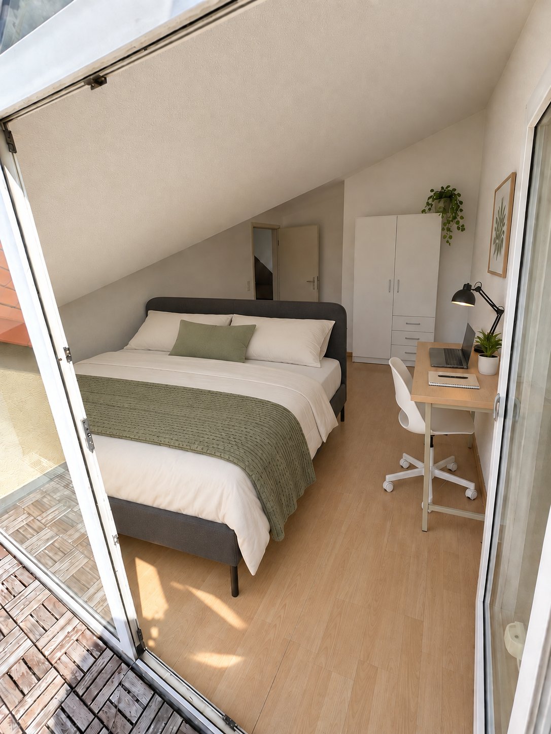 Blick vom Balkon ins möblierte Zimmer mit Doppelbett, Schreibtisch und weißem Kleiderschrank unter der Dachschräge