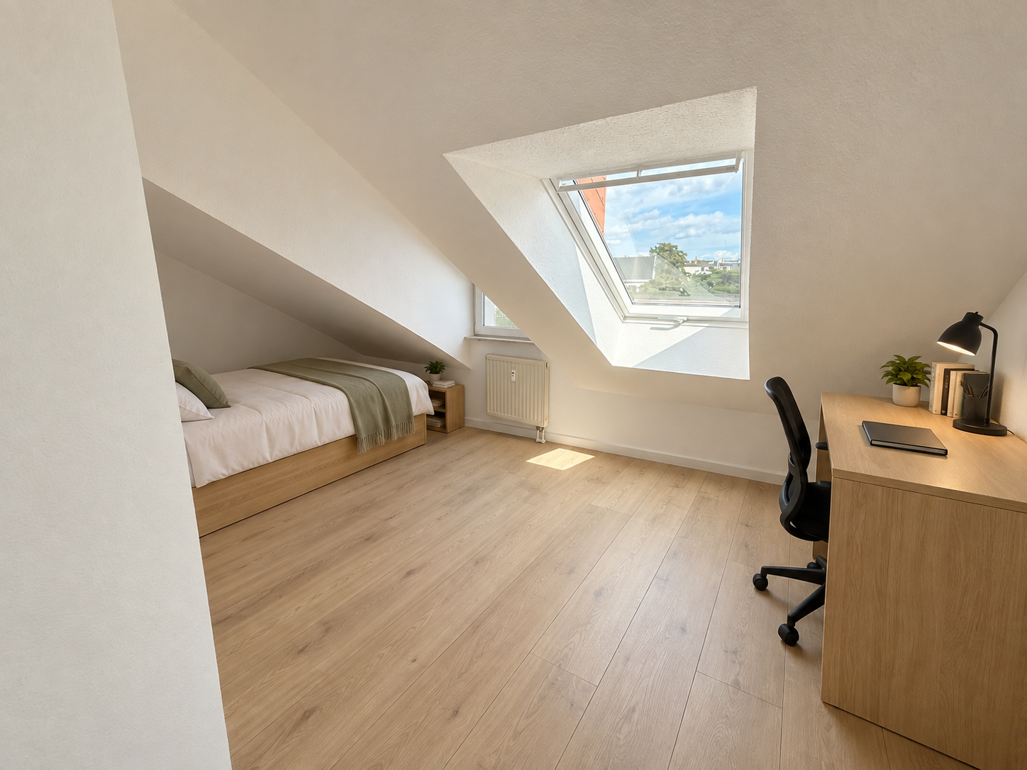 Gemütliches, möbliertes Dachzimmer mit Bett unter der Dachschräge, großem Dachfenster und Schreibtisch